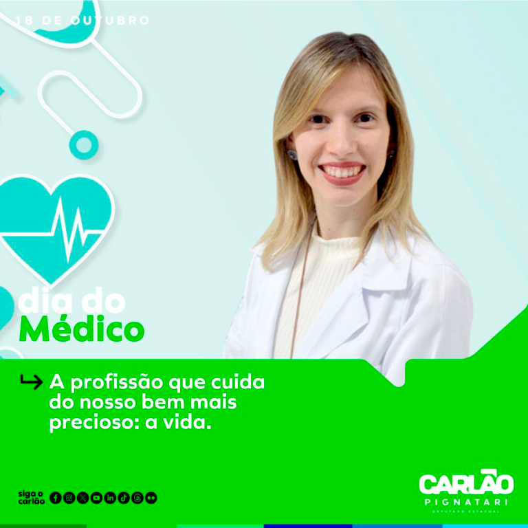 A médica radiologista Julinha Pignatari Abou Dehn foi lembrada no dia de ontem em que se comemorou o Dia do Médico. Seu pai, o deputado estadual Carlão Pignatari, em nome da filha médica dra. Julia Pignatari, cumprimentou a todos os médicos em geral que dedicam suas vidas a salvar outras vidas. Merecida a homenagem, pois realmente os médicos são detentores não apenas de uma profissão, mas sim de uma missão: salvar vidas 