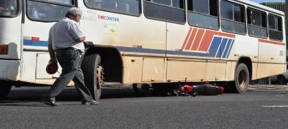 Motocicleta vai parar embaixo de ônibus após colisão 