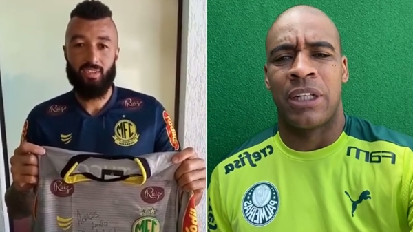 Goleiros do Mirassol e do Palmeiras doam camisas autografadas para serem leiloadas pela campanha 'Votu Solidária' (Imagens: Reprodução/Redes sociais)