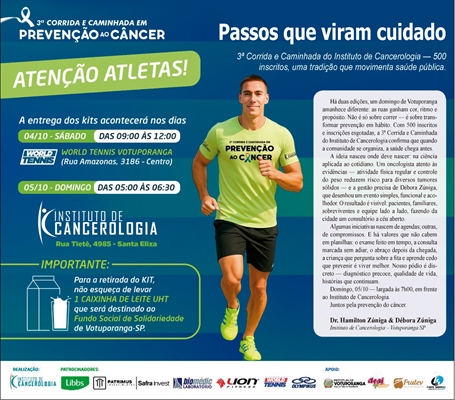 Solidariedade: inscritos na “3ª Corrida e Caminhada em Prevenção ao Câncer” podem doar 1 litro de leite no ato da troca do kit
