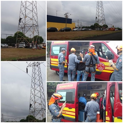 Um indivíduo, de 33 anos, foi socorrido há pouco pelo Corpo de Bombeiros, após escalar uma torre de energia em Fernandópolis (Foto: Região Noroeste)