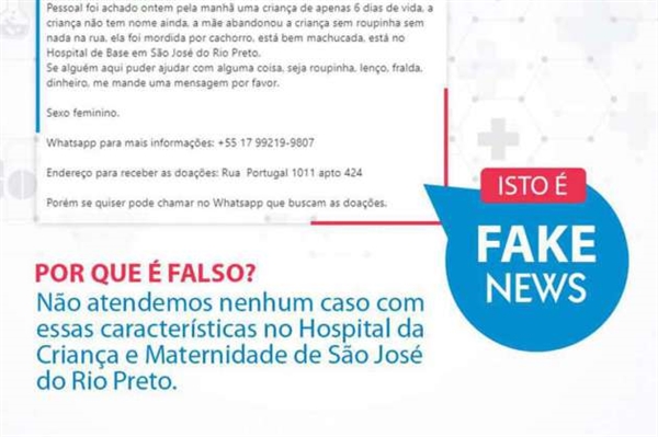 Hospital de Base de Rio Preto emitiu comunicado informando que as informações são falsas (Foto: Reprodução)