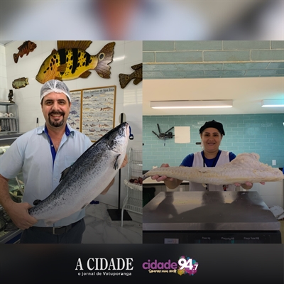 Evandro Bassan, gerente da Peixaria Votuporanga, espera um aumento de até 60%; Hosana Danny exibe o carro chefe da peixaria do Porecatu: o bacalhau (Foto: A Cidade) 