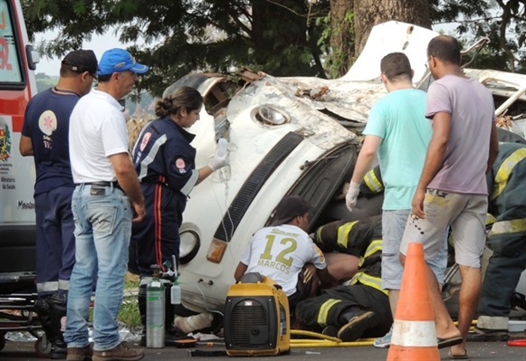 Kombi bate contra árvore e capota na rodovia