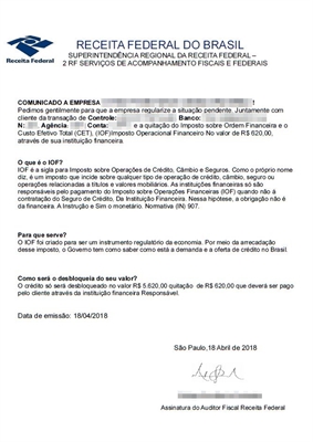 O documento, falso, alega que o crédito/financiamento será desbloqueado mediante o recolhimento do imposto (Foto: Divulgação/Receita Federal)