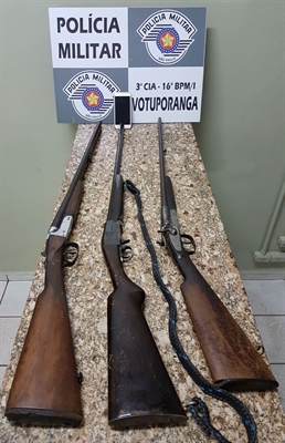 As três espingardas e um celular foram apreendidos pela equipe da Polícia Militar de Votuporanga (Foto: Divulgação/Polícia Militar)