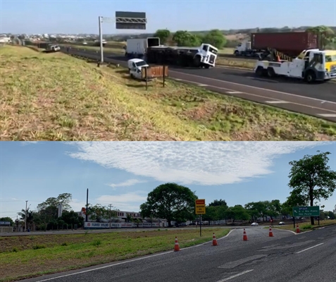 Segundo informações da polícia, o caminhão teria tombado próximo ao quilômetro 515, nas proximidades do Facchini (Foto: Reprodução TV Tem e A Cidade)