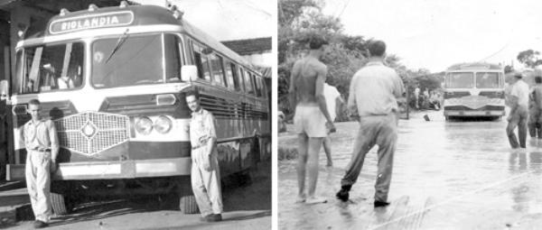 O ônibus “Zorro” - O ano é 1963. Na fotografia da esquerda: O local é a antiga rodoviária de Votuporanga que funcionava na esquina das ruas São Paulo com a Pe. Izidoro. O ônibus era o “Zorro”, recém adquirido pela “Viação Progresso” do saudoso Oscar Botura. Aparecem da esquerda para a direita, o cobrador José Pirani e o motorista Orlando Chiquetto. Eles estavam de saída para Riolândia. Já na outra foto (dir.), mostra a viagem de volta, saindo de Riolândia que registra enchente na ponte do Rio Tomaizão entre Riolândia e Cardoso. A foto pertence a Luiz Antonio Chiquetto.